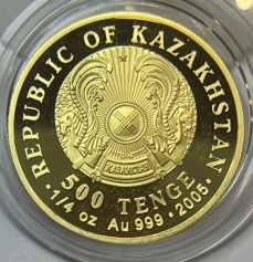 Золотая монета 500 тенге "Красный Волк" Казахстан, 7,78 г., Au 999, 2005 г.